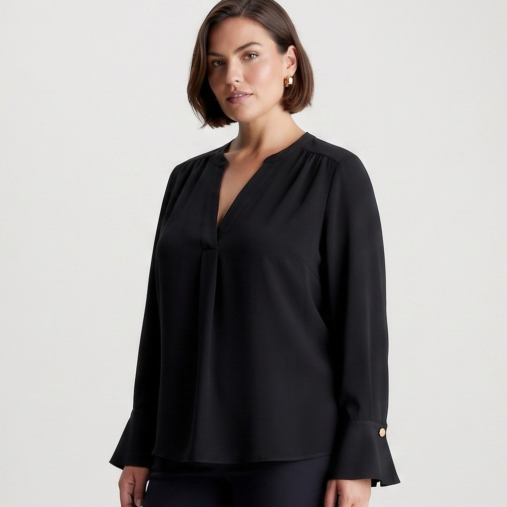 Calvin Klein Blouse Women 1X Black Excellent V-Neck Long Sleeve Gold Button Cuff